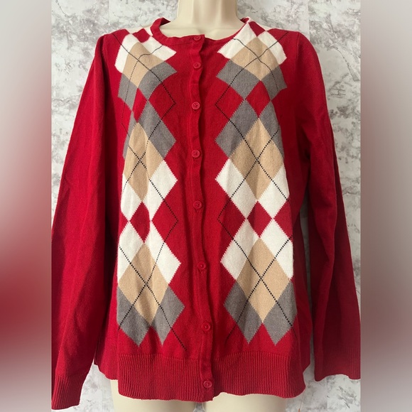 Croft & Barrow Vintage 90's Argyle Red Cardigan Knit Sweater size XL - Picture 3 of 8